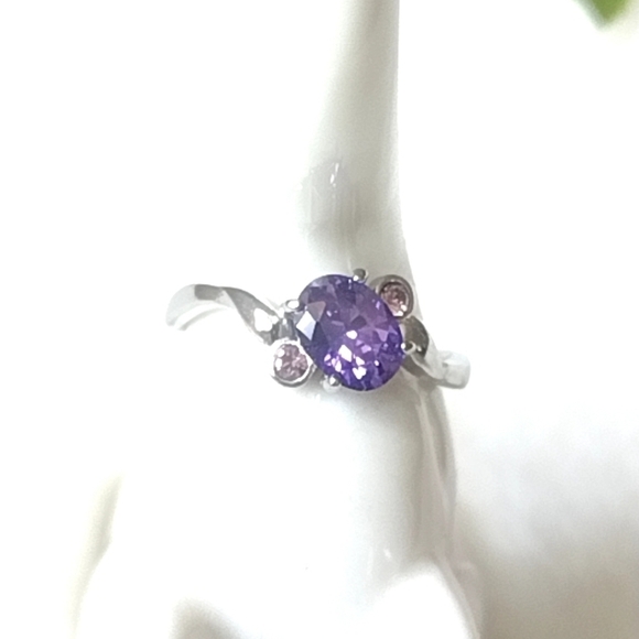 Stainless Steel Cocktail Ring Purple CZ Amethyst Color | Hypoallergenic - Picture 3 of 12